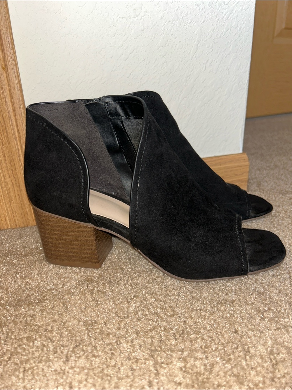 Fergalicious Women's Black Suede Open-Toe Block Heel Ankle Booties